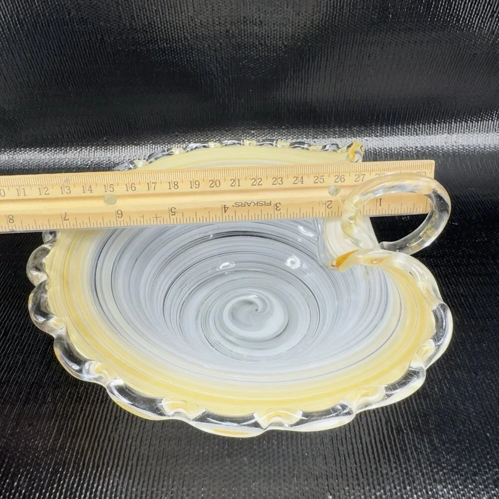 Venetian Art Glass Dish Bowl W Handles Hand Blown Italian Glass Gold White Swirl